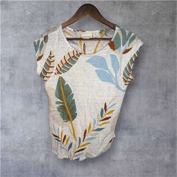 Cynthia Rowley Tops - Cynthia Rowley Leaf Print Short Sleeve Top - Cream, Blue, Green, Brown